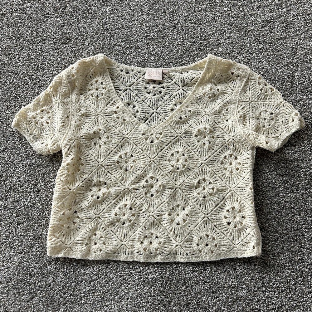 Good Luck Gem Sweater Womens Small Cream V Neck Crochet Open-Knit Top Pullover